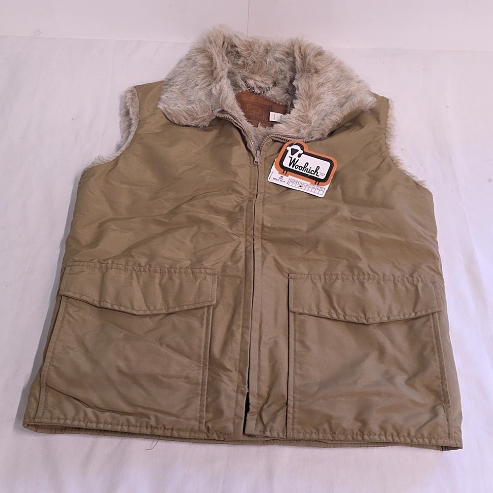 NWT Woolrich Wolf Vest Women M Tan Faux Fur Lined Full Zip Vintage Cabincore
